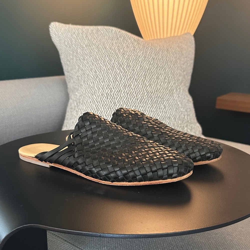 Nisolo Black Leather Woven Slip-Ons